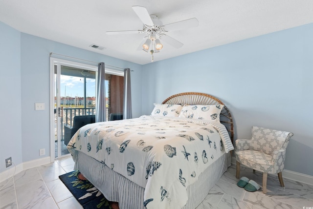 bedroom featuring ceiling fan and access to outside