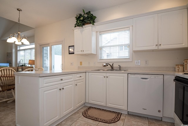 kitchen with dishwasher, sink, white cabinets, kitchen peninsula, and electric stove