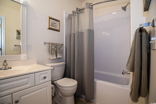 full bathroom with vanity, toilet, and shower / bathtub combination with curtain