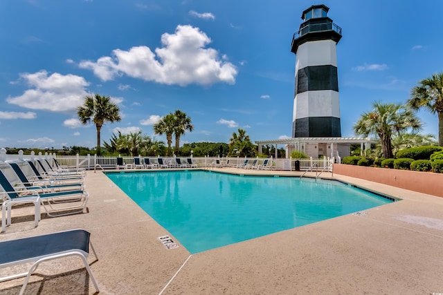 view of swimming pool featuring a patio