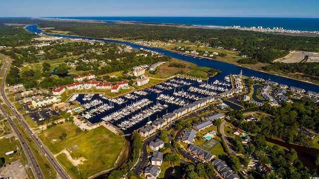 drone / aerial view featuring a water view