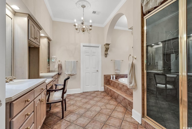 bathroom with shower with separate bathtub, tile patterned flooring, ornamental molding, vanity, and a notable chandelier