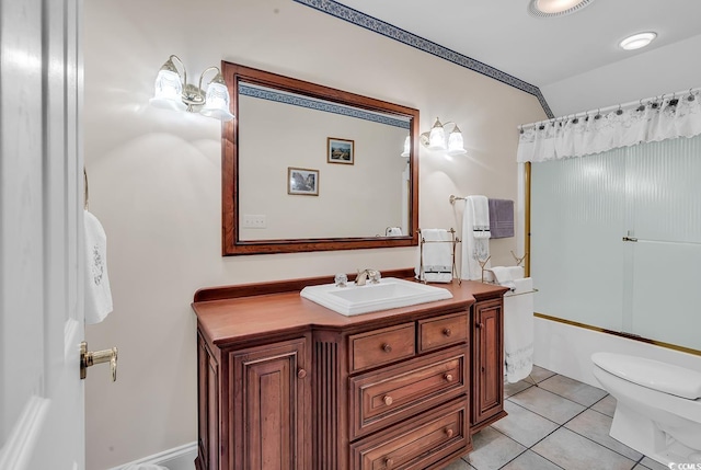 full bathroom with vanity, toilet, shower / washtub combination, and tile patterned flooring