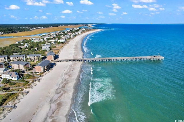 drone / aerial view with a water view and a beach view