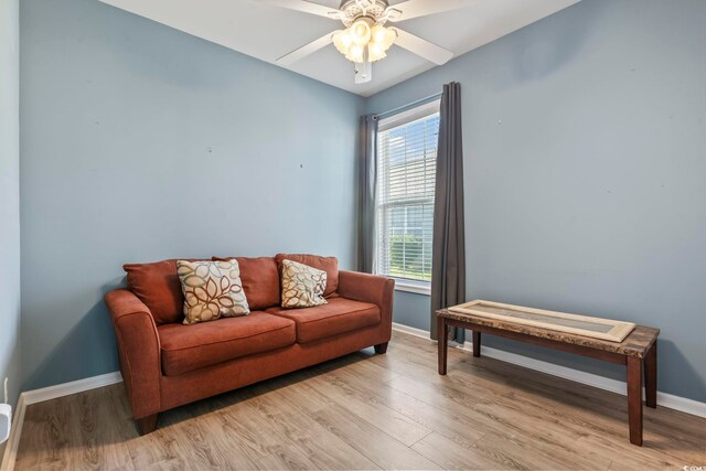 bedroom featuring light hardwood / wood-style flooring, ceiling fan, vaulted ceiling, and a closet