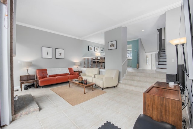 tiled living room with crown molding