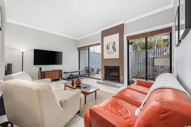 living room featuring light tile patterned floors, ornamental molding, and a brick fireplace