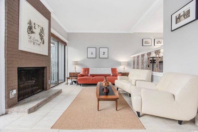 tiled living room with ornamental molding and a brick fireplace