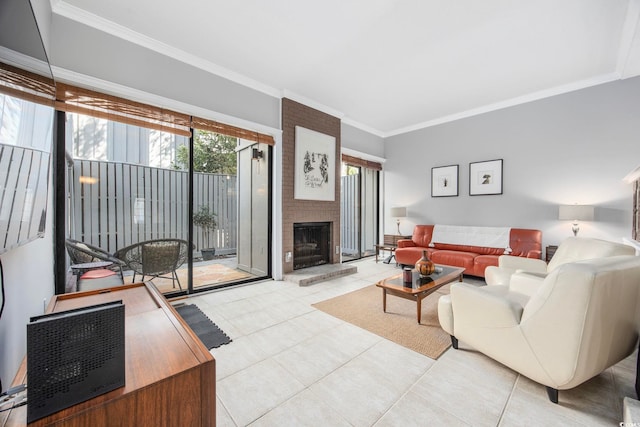 tiled living room with crown molding and a fireplace