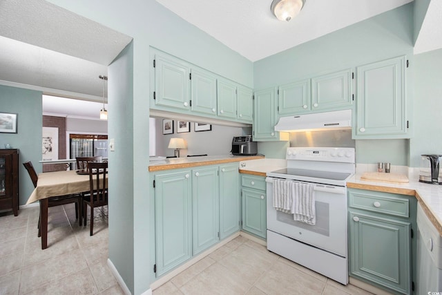 kitchen with electric stove, crown molding, light tile patterned floors, and a textured ceiling