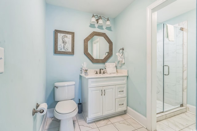 bathroom with vanity, an enclosed shower, and toilet