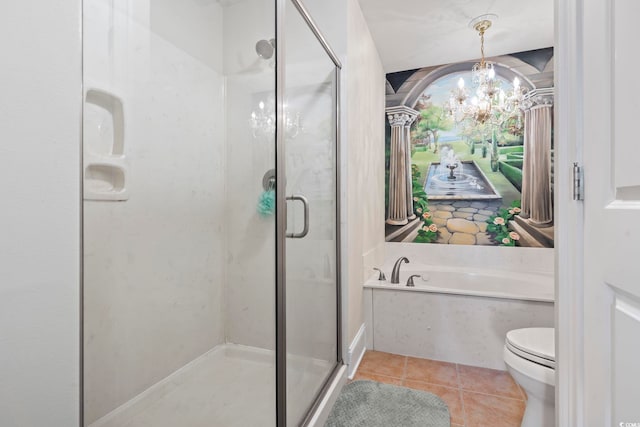 bathroom featuring toilet, a notable chandelier, independent shower and bath, and tile patterned floors