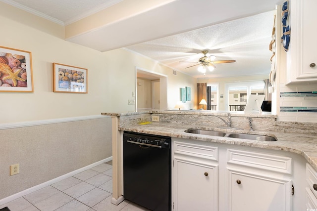 kitchen with a textured ceiling, ceiling fan, sink, dishwasher, and white cabinetry