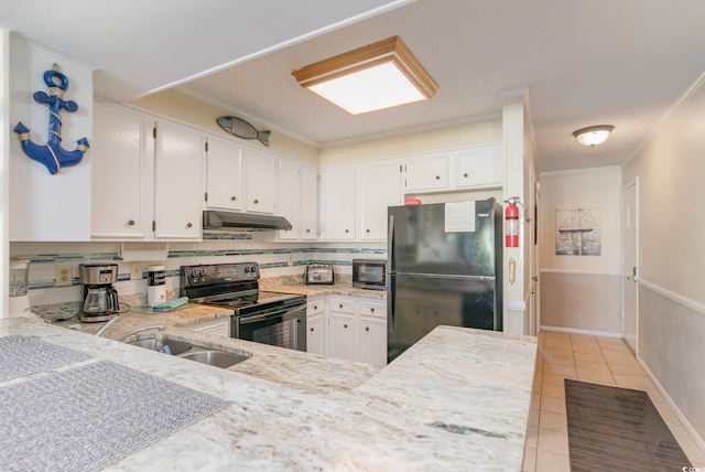 kitchen with kitchen peninsula, crown molding, white cabinets, and black appliances