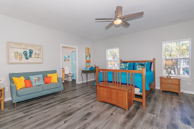 bedroom featuring dark wood-type flooring and ceiling fan