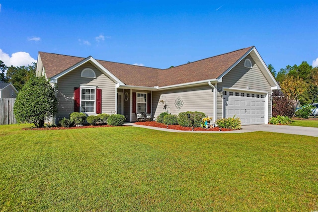 single story home with a front yard and a garage