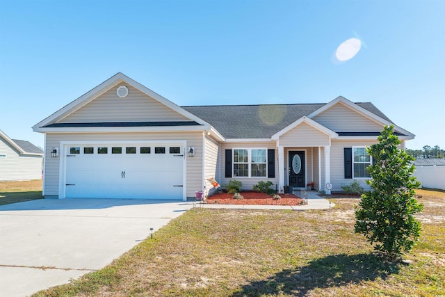 ranch-style home with a front yard and a garage