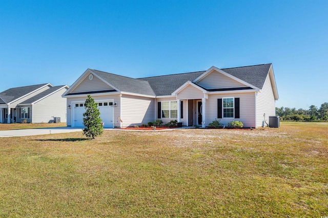 single story home featuring a front yard, a garage, and cooling unit