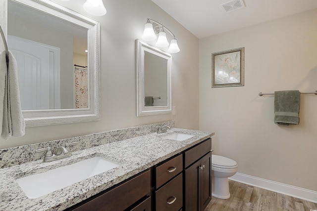 bathroom featuring vanity, toilet, and wood-type flooring