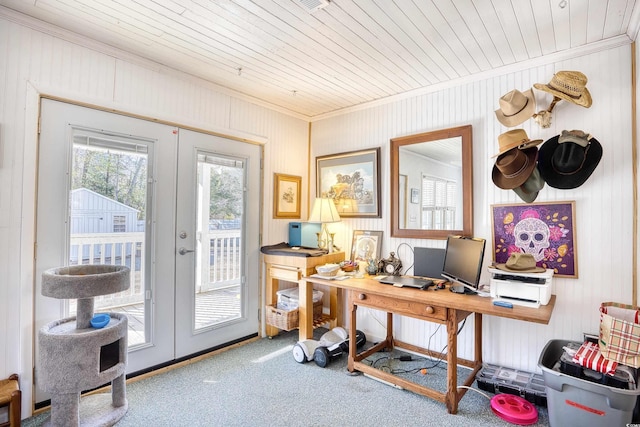 office space with carpet flooring, wood ceiling, and french doors