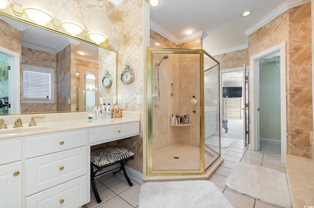 bathroom with vanity, walk in shower, and tile patterned floors