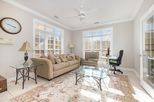 tiled living room with ornamental molding, ceiling fan, and a wealth of natural light