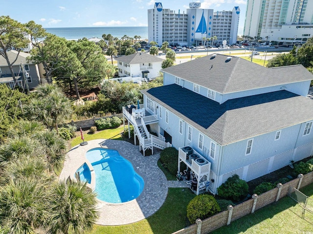 aerial view featuring a water view