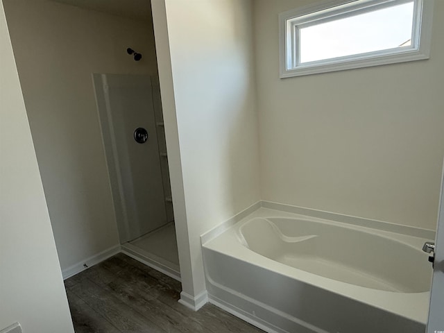 bathroom with wood-type flooring and plus walk in shower