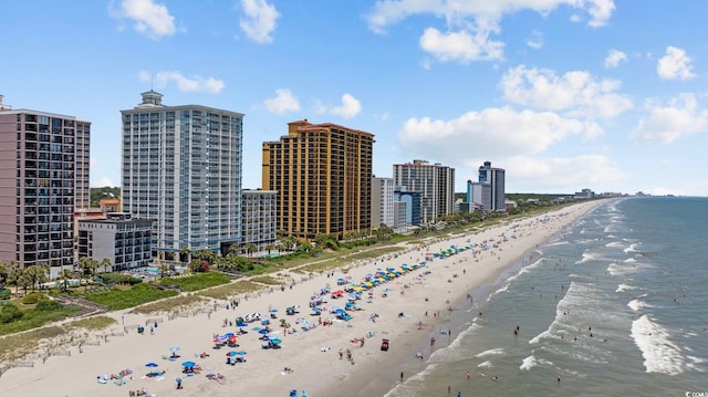 drone / aerial view with a water view and a view of the beach