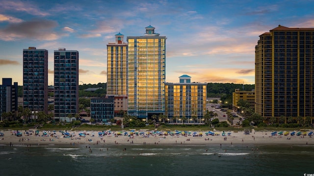 view of city featuring a water view and a view of the beach