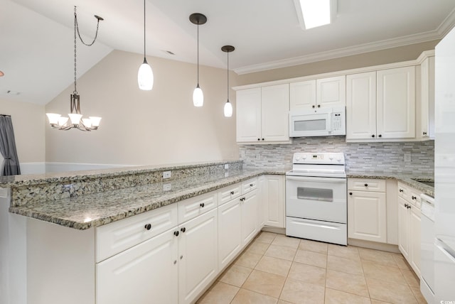 kitchen featuring kitchen peninsula, tasteful backsplash, white appliances, decorative light fixtures, and white cabinetry