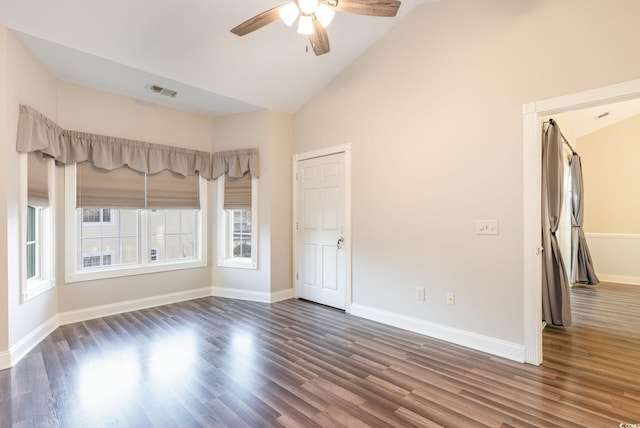 unfurnished room featuring ceiling fan, high vaulted ceiling, and dark wood-type flooring