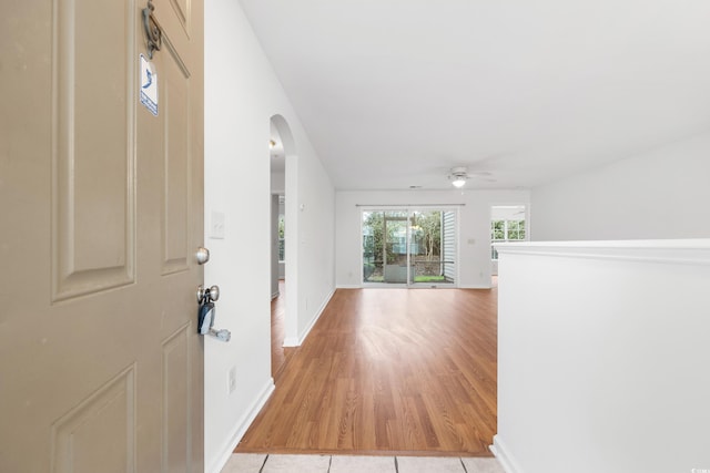 foyer entrance featuring ceiling fan and light wood-type flooring