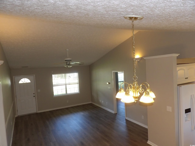 entryway with lofted ceiling, a textured ceiling, ceiling fan, and dark hardwood / wood-style flooring