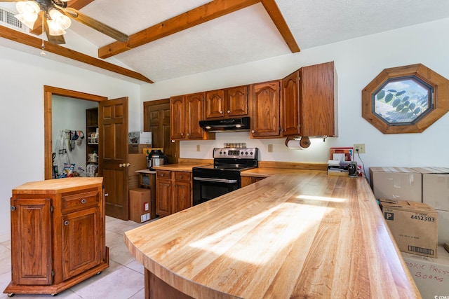 kitchen featuring electric range, butcher block counters, under cabinet range hood, a ceiling fan, and brown cabinets