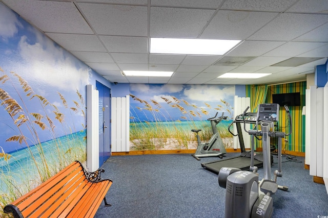 workout room featuring a drop ceiling and carpet floors