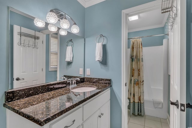 bathroom featuring vanity, ornamental molding, shower / bath combo, and tile patterned floors