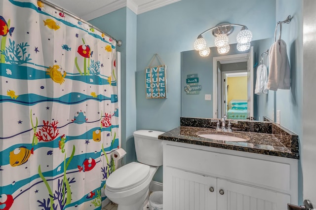 bathroom featuring vanity, crown molding, curtained shower, and toilet