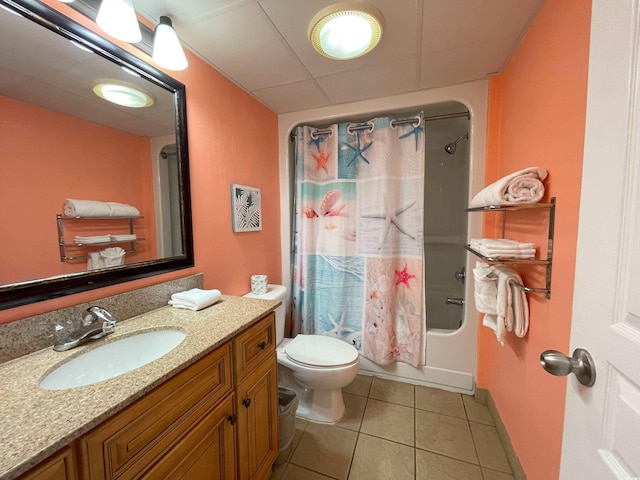 full bathroom with vanity, tile patterned flooring, toilet, and shower / tub combo with curtain