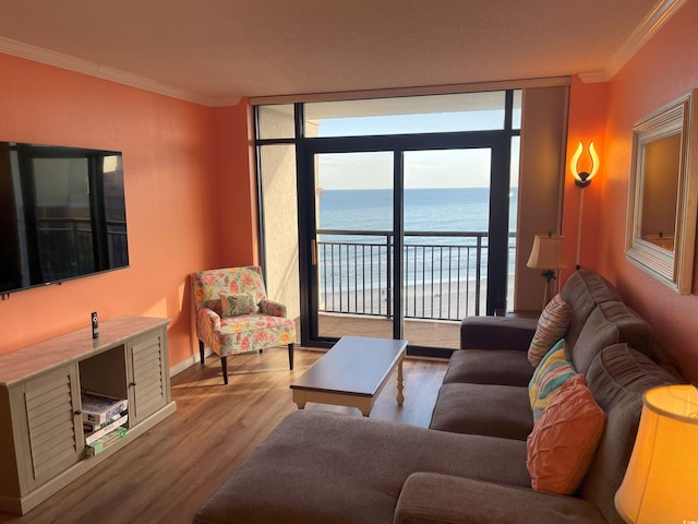 living room featuring ornamental molding, light hardwood / wood-style flooring, a water view, and expansive windows