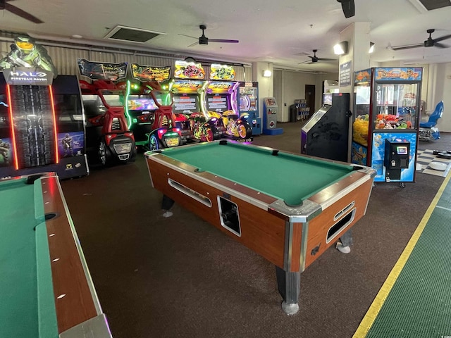 recreation room featuring billiards and dark carpet