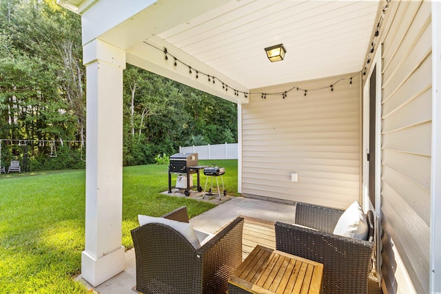 view of patio featuring an outdoor living space and a grill