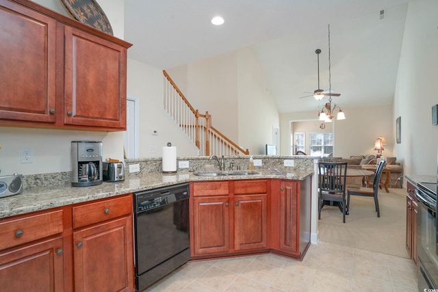 206 Mossy Stone Ct Unit 1605, Murrells Inlet, SC 29576 - kitchen with black appliances, a sink, a peninsula, light stone counters, and recessed lighting