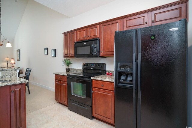 206 Mossy Stone Ct Unit 1605, Murrells Inlet, SC 29576 - kitchen featuring black appliances, light carpet, light stone countertops, baseboards, and vaulted ceiling