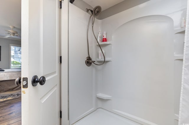 118 Salt Marsh Cir Unit 25-I, Pawleys Island, SC 29585 - detailed view of a ceiling fan, a shower, and wood finished floors