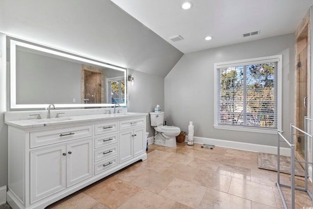 bathroom with vanity, lofted ceiling, and toilet