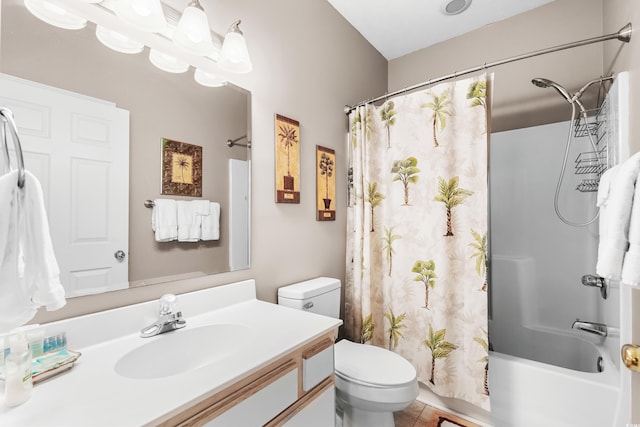 full bathroom with toilet, shower / bath combo, vanity, and tile patterned flooring