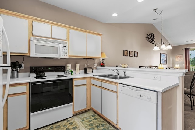 kitchen featuring lofted ceiling, kitchen peninsula, decorative light fixtures, white cabinets, and white appliances