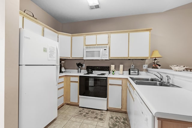 kitchen featuring kitchen peninsula, sink, light tile patterned floors, white cabinetry, and white appliances