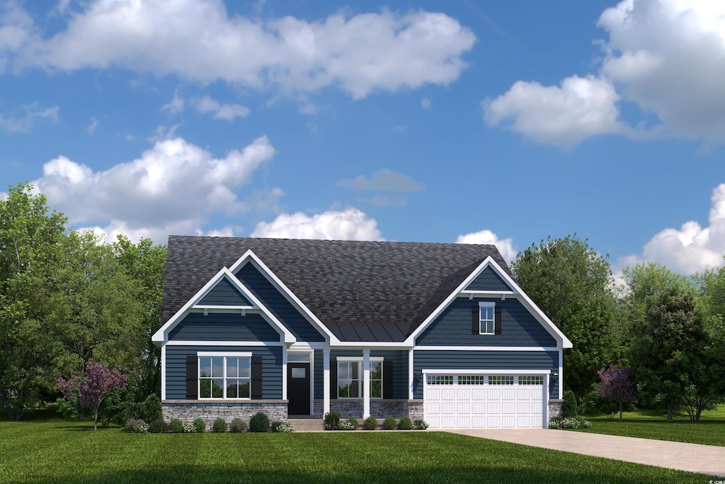 7076 Denim Loop, Myrtle Beach, SC 29579 - craftsman-style home with a front yard, concrete driveway, a shingled roof, and a garage